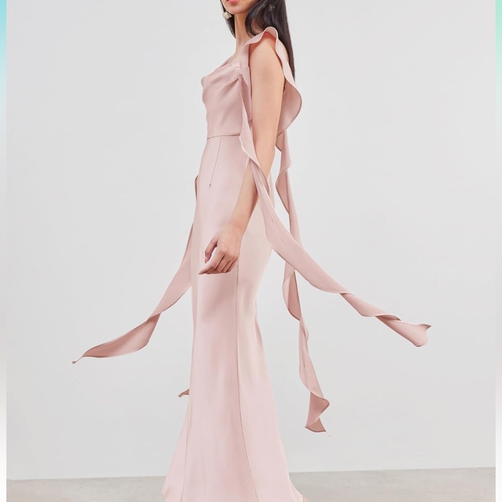 Cider light pink satin ruffle sleeve mermaid dress - Picture 2 of 5